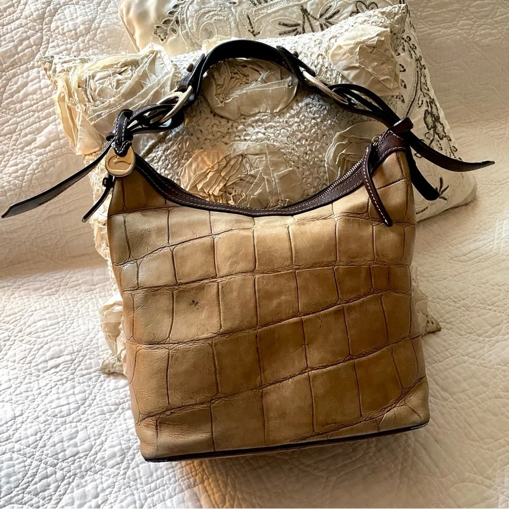 Dooney & Bourke Vintage Tan Brown Crocodile Embossed Hobo Shoulder Bag Purse